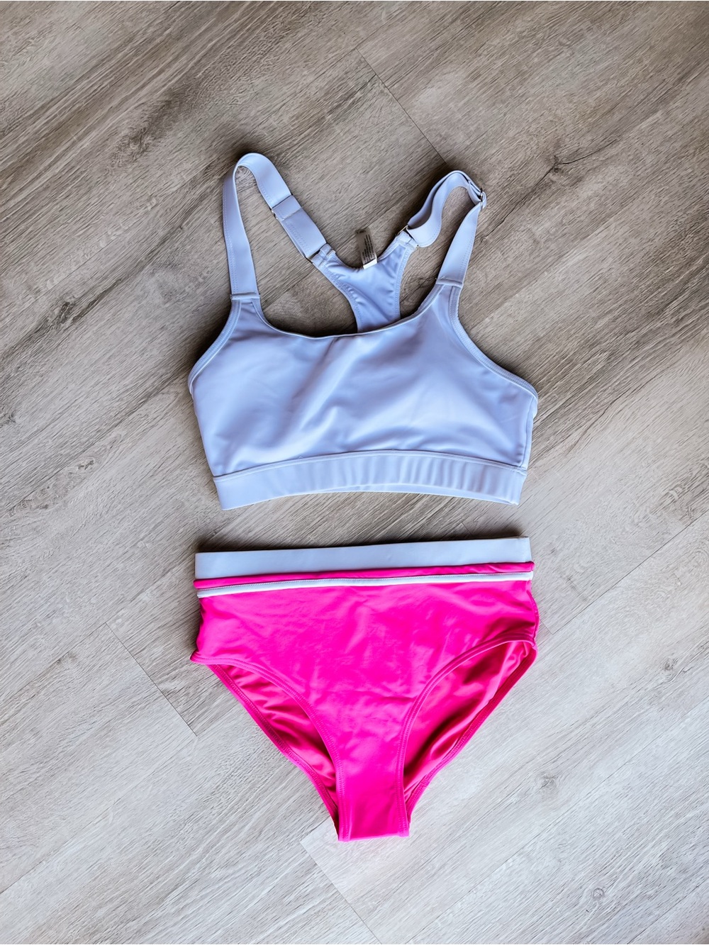 White Sports-Style Bikini Top & Pink High-Waist Bottoms Swim Set